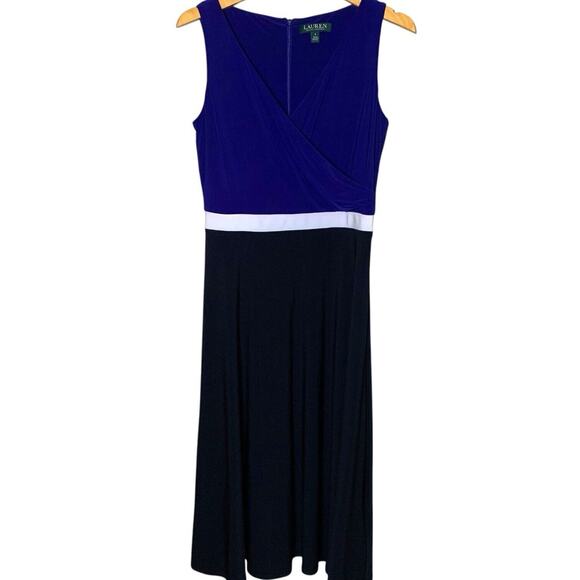 Lauren Ralph Lauren Dress Women's Sz 4 Davie Day Surplice Colorblock Blue White - Picture 2 of 8